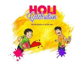 indisk festival av färger, Lycklig holi begrepp med indisk Pojkar spelar med vatten färger och Färg grunge mot gul och vit bakgrund. vektor