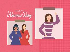 glücklich Damen Tag Konzept mit Erinnerungen Bilder von weiblich auf Rosa Hintergrund. vektor