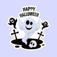 Aufkleber Stil glücklich Halloween Schriftart mit komisch Geister, Schädel und Grabsteine auf Blau Hintergrund. vektor