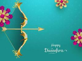 glücklich Dussehra Feier Gruß Karte mit golden Bogenschütze Bogen, Pfeil und Blumen- oder Mandala auf Türkis Hintergrund. vektor