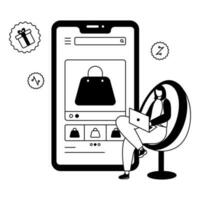 Gekritzel Stil gesichtslos Frau mit Laptop beim Sessel und online Einkaufen App im Smartphone auf Weiß Hintergrund. vektor