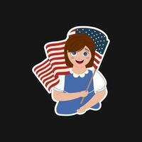 Aufkleber Stil heiter Mädchen halten amerikanisch Flagge auf schwarz Hintergrund. vektor