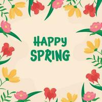 glücklich Frühling Konzept mit bunt Blumen und Blätter dekoriert Pastell- Pfirsich Hintergrund. vektor