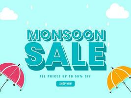 monsun försäljning affisch design med paraply, droppar och moln. vektor