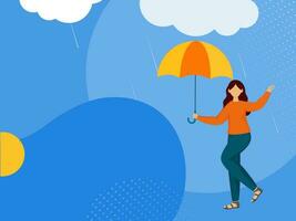 gesichtslos Teenager Mädchen halten Regenschirm auf regnerisch Wolken Blau Hintergrund. vektor