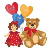 vektor tecknad illustration av en nallebjörn och en docka. ballonger. leksaker för tjejer.