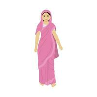 karaktär av indisk kvinna bär rosa saree i stående utgör på vit bakgrund. vektor