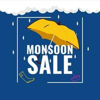 Monsun Verkauf Poster Design mit Regenschirm, Boot, Papier Boot, Wasser Tropfen auf Weiß und Blau Hintergrund. vektor