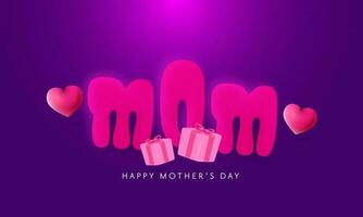 Rosa Mama Schriftart mit glänzend Herzen, 3d Geschenk Kisten auf lila Hintergrund zum glücklich Mutter Tag Konzept. vektor