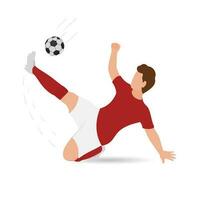 Karikatur männlich Fußball Spieler treten Ball auf Weiß Hintergrund. vektor