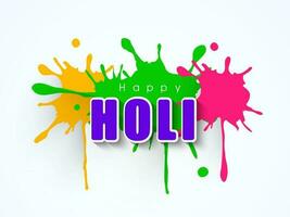 stilvoll glücklich holi Schriftart auf Farbe Farbe Spritzen bewirken Hintergrund. vektor