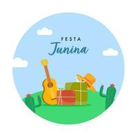 festa junina Feier Konzept mit eben Stil Geschenk Kisten, Hut, Gitarre, Kaktus Pflanzen auf Blau und Weiß Hintergrund. vektor