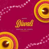 Lycklig diwali hälsning kort med topp se av belyst olja lampor och belysning krans dekorerad på rosa bakgrund. vektor