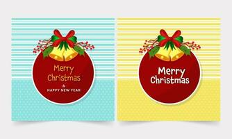glad jul hälsning kort med klingande klocka, järnek bär mot bakgrund i blå och gul Färg alternativ. vektor