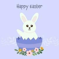 Lycklig påsk firande affisch design med söt kanin Sammanträde i bruten ägg och blommig på blå bakgrund. vektor