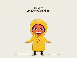 Hej monsun affisch design med glad liten pojke bär regnkappa på grå regn bakgrund. vektor