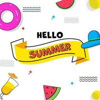 Hej sommar affisch design med livboj, vattenmelon skiva, strand hatt, mocktail glas på vit bakgrund. vektor