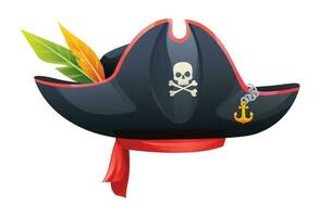pirat hatt med skalle, bones och fjädrar tecknad serie illustration isolerat på vit bakgrund vektor