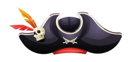 Pirat Hut mit Schädel, gekreuzt Schwerter und Gefieder Karikatur Illustration vektor