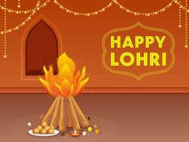 glücklich lohri Feier Hintergrund mit Lagerfeuer, indisch Süßigkeiten, zündete Öl Lampe Über Rangoli Illustration. vektor