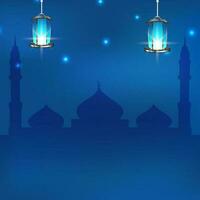 islamisch Festival Gruß Karte mit zündete Arabisch Laternen hängen und Kopieren Raum auf Blau Beleuchtung bewirken Silhouette Moschee Hintergrund. vektor