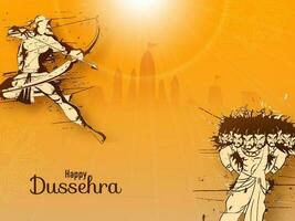 Lycklig Dussehra firande begrepp med hindu mytologi herre rama targeting till demon ravana och solsken på orange silhuett ayodhya bakgrund. vektor