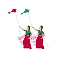 Karikatur indisch jung Mädchen fliegend Drachen auf Weiß Hintergrund. vektor