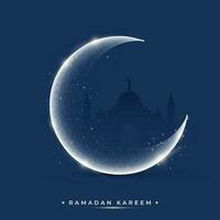 Ramadan kareem Konzept mit glühend Halbmond Mond auf Blau Silhouette Moschee Hintergrund. vektor