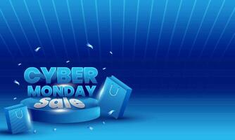 Cyber Montag Verkauf Banner Design mit Einkaufen Taschen, Konfetti und Podium auf Blau Streifen Hintergrund. vektor