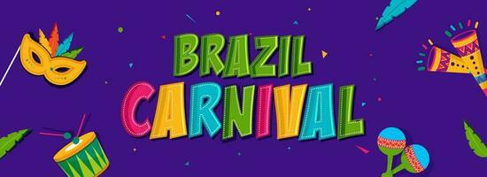 färgrik Brasilien karneval font med musik instrument, fjäder mask pinne och konfetti dekorerad på lila bakgrund. vektor
