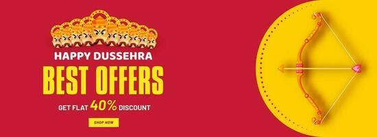 Dussehra Verkauf Banner oder Header Design mit Rabatt Angebot, zehn Kopf von Dämon König Ravana auf Gelb und rot Hintergrund. vektor