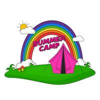 sommar läger affisch design med tält, regnbåge, Sol, moln, svamp på grön natur och vit bakgrund. vektor