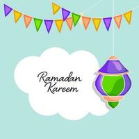 Ramadan kareem Gruß Karte mit hängend Laterne, Ammer Flaggen dekoriert auf Weiß und Blau Hintergrund. vektor