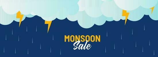 Monsun Verkauf Banner oder Header Design mit Gewitter auf Blau Hintergrund. vektor