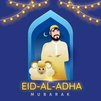 eid al adha Mubarak Konzept mit islamisch Mann Stehen, Karikatur Schaf, Halbmond Mond und Star Girlande dekoriert auf Blau Hintergrund. vektor