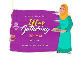 iftar Versammlung Einladung, Poster Design mit islamisch jung Frau halten Kekse Teller und lila Bürste bewirken auf Weiß Hintergrund. vektor