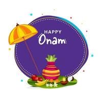 glücklich Onam Feier Konzept mit Regenschirm, Anbetung Topf, Frucht, Blume, zündete Öl Lampe Über Banane Blatt auf lila und Weiß Hintergrund. vektor