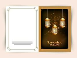 ramadan mubarak hälsning kort med realistisk gyllene belyst lyktor i brun och vit Färg. vektor