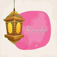 Ramadan Mubarak Schriftart mit 3d Arabisch Laterne hängen auf Rosa Hintergrund. vektor