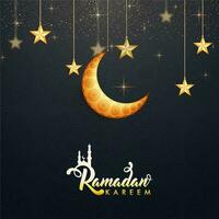 Ramadan kareem Feier Konzept mit golden Halbmond Mond, Sterne hängen auf grau Licht bewirken Hintergrund. vektor