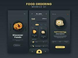 mat beställning mobil app ui Inklusive logga in, Upptäck maträtt, beskrivning skärm mall på svart bakgrund. vektor