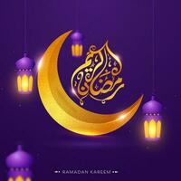 golden Arabisch Kalligraphie von Ramadan kareem mit Halbmond Mond, leuchtet Laternen hängen auf lila Hintergrund. vektor