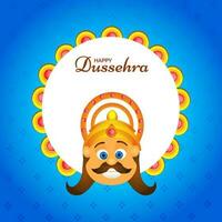 Lycklig Dussehra firande hälsning kort med demon kung ravana ansikte över vit runda ram på blå bakgrund. vektor