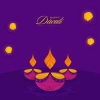 glücklich Diwali Feier Konzept mit schön beleuchtet Öl zündete Lampen und Laternen auf lila Hintergrund. vektor