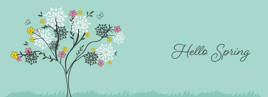 Hallo Frühling Schriftart mit kreativ Blumen- Baum und Schmetterlinge auf Blau Hintergrund. vektor