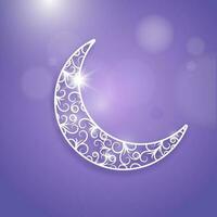 skinande prydnad halvmåne måne på violett bokeh bakgrund för islamic festival. vektor