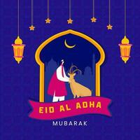 eid-al-adha Mubarak Poster Design mit islamisch Karikatur Mann halten Ziege, Halbmond Mond, Sterne, Laternen hängen auf Blau Silhouette Moschee Hintergrund. vektor