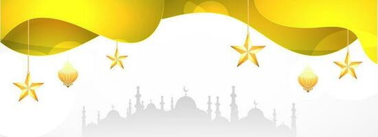 glänzend abstrakt Welle Hintergrund dekoriert mit hängend golden Sterne, Laternen und Silhouette Moschee zum islamisch Festival Konzept. vektor