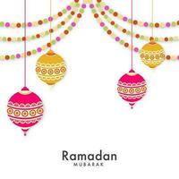 Ramadan Mubarak Feier Gruß Karte dekoriert mit hängend traditionell Laternen und Punkte Girlande auf Weiß Hintergrund. vektor