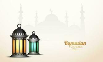 gyllene ramadan kareem font med realistisk belyst lyktor på vit silhuett moské bakgrund. vektor